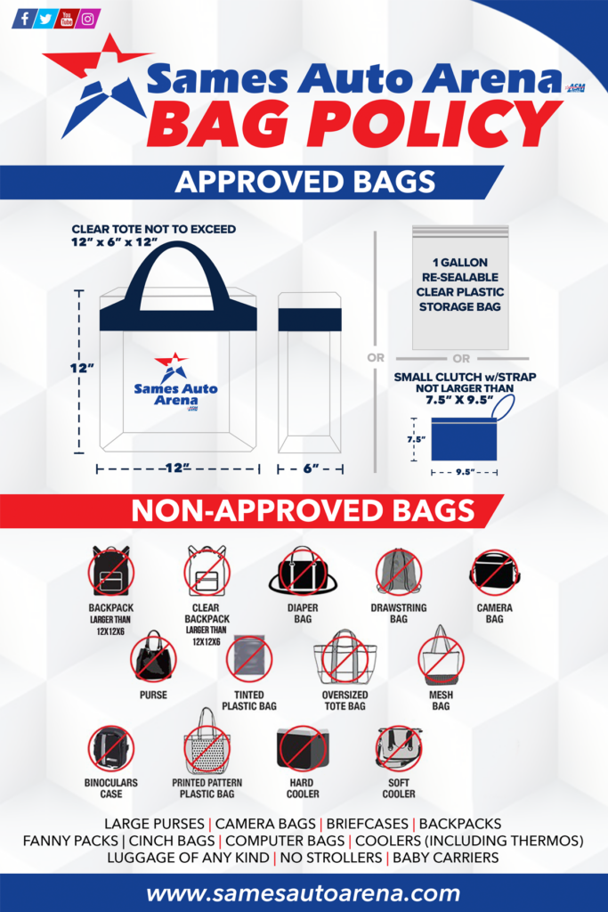 Bag policy guidelines showing allowed and prohibited items for entry